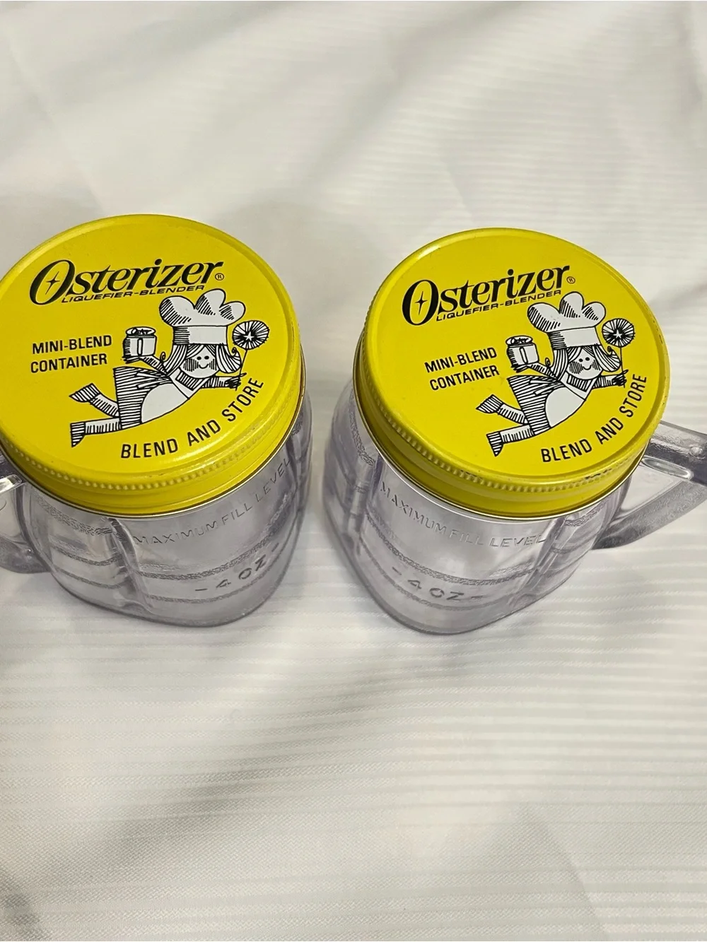 Vintage Osterizer Mini-Blend  8oz plastic Containers with Yellow Lids (Set of 2)